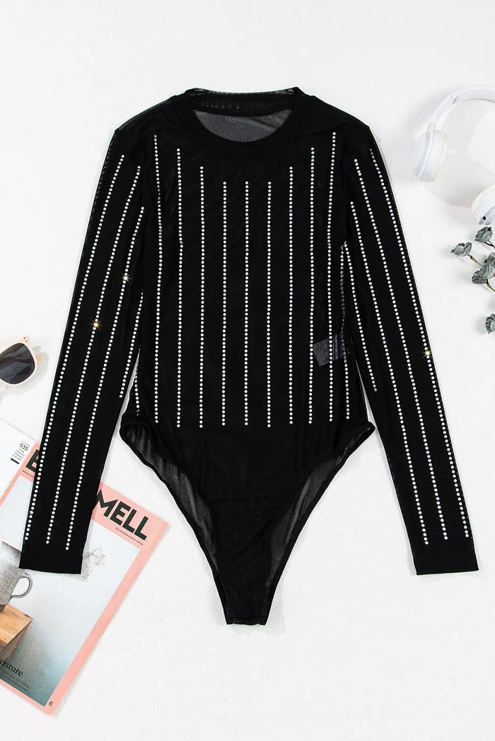 Black Rhinestone Decor Striped Mesh Long Sleeve Bodysuit - Occasionwear/bodysuits