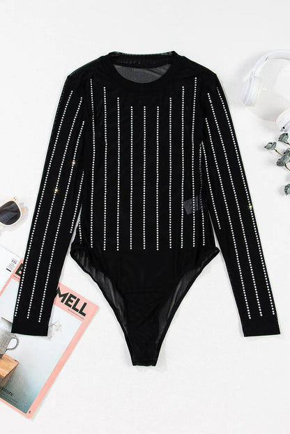 Black Rhinestone Decor Striped Mesh Long Sleeve Bodysuit - Occasionwear/bodysuits