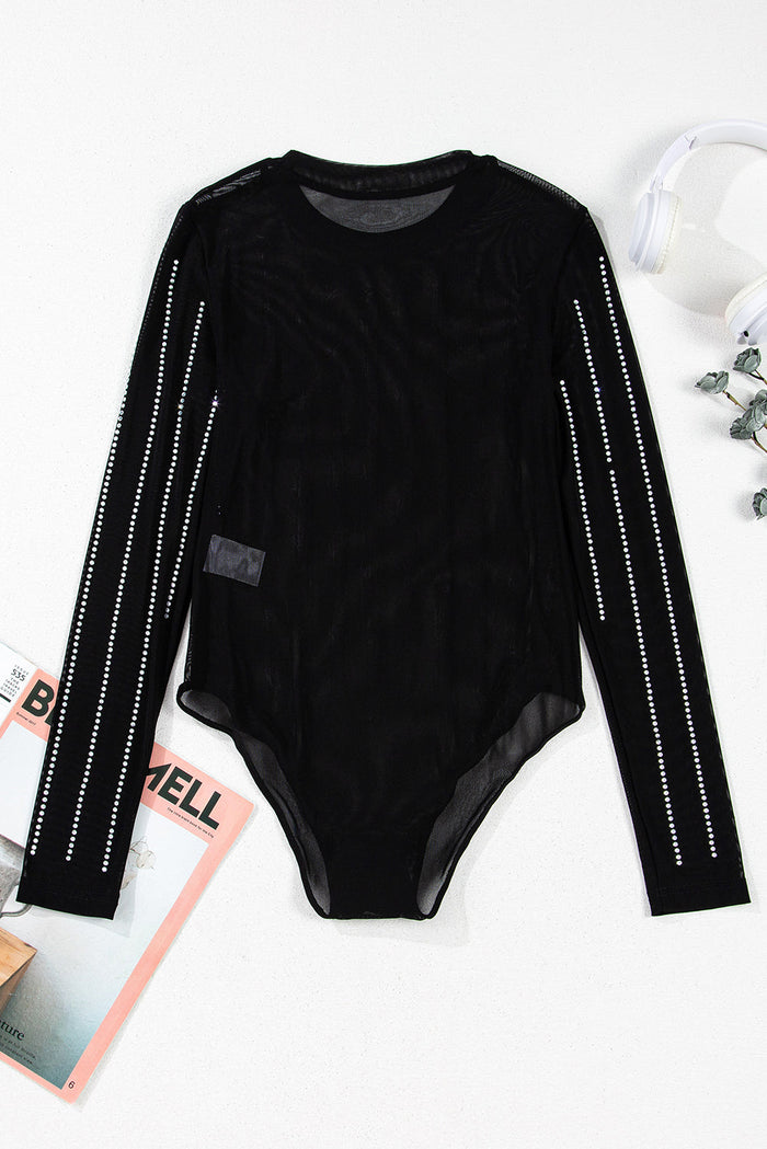 Black Rhinestone Decor Striped Mesh Long Sleeve Bodysuit - Occasionwear/bodysuits