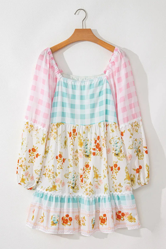 Pink Ric Rac Plaid Floral Print Patchwork Bubble Sleeve Dress - Dresses/Floral Dresses