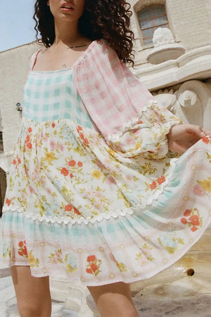 Pink Ric Rac Plaid Floral Print Patchwork Bubble Sleeve Dress - PINK / S / 100% POLYESTER - Dresses/Floral Dresses