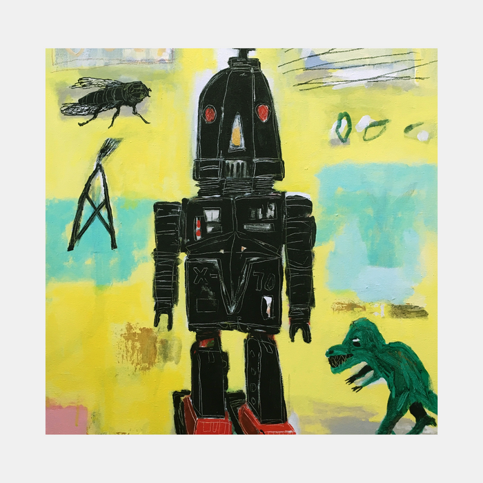 The artwork 'Robot Daze' by Andrew Chan features a black retro-style robot with red accents against a vibrant yellow and turquoise background. A whimsical scene includes a large black fly, a green dinosaur, and abstract elements. The acrylic painting on canvas combines bold colors with playful, nostalgic sci-fi imagery in a contemporary style.