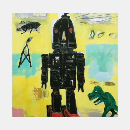 The artwork 'Robot Daze' by Andrew Chan features a black retro-style robot with red accents against a vibrant yellow and turquoise background. A whimsical scene includes a large black fly, a green dinosaur, and abstract elements. The acrylic painting on canvas combines bold colors with playful, nostalgic sci-fi imagery in a contemporary style.