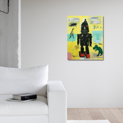 The artwork 'Robot Daze' by Andrew Chan features a bold retro-style robot silhouette in black against a vibrant yellow and turquoise background. The composition includes whimsical elements like a dinosaur figure and flying insect. The acrylic painting on canvas showcases a playful, contemporary pop art style with textured brushstrokes and contrasting colors. 24x18 inches acrylic canvas by Andrew Chan.