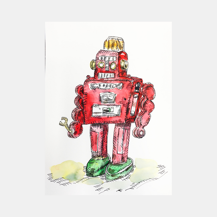 The artwork 'Robot Rouge' by Andrew Chan features a whimsical retro-style robot rendered in ink and watercolor. The robot is painted in vibrant red with green boots, displaying mechanical details including a yellow dome head, circular eyes, and angular body panels. The illustration combines loose watercolor techniques with precise line work, creating a charming vintage-inspired aesthetic on white paper.
