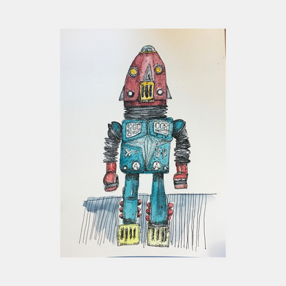 Robot X-33 by Andrew Chan features a whimsical watercolor and ink illustration of a retro-style robot with a pink dome head, turquoise metallic body, and mechanical joints. The artwork showcases detailed line work, revealing control panels, buttons, and industrial elements in a vintage sci-fi aesthetic. Yellow accents on feet and chest add playful contrast.
