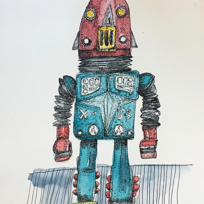 Robot X-33 (green) by Andrew Chan: Whimsical ink and watercolor illustration of a retro-style robot featuring a pink triangular head with glowing yellow eyes, turquoise geometric body with control panels, accordion-style black joints, and sturdy legs. Hand-drawn details showcase intricate mechanical elements and vintage sci-fi aesthetic.