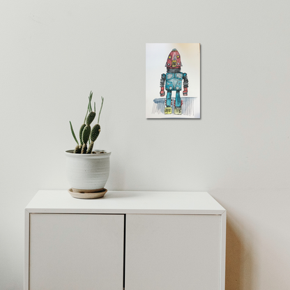 Robot X-33 by Andrew Chan features a whimsical watercolor and ink illustration of a retro-style robot in turquoise blue body with a distinctive red dome head, displayed above a white cabinet with a potted cactus. The artwork combines clean lines with loose watercolor techniques on white paper.