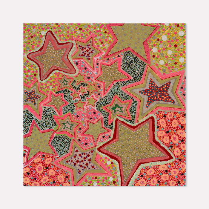 The artwork 'Rockstar' by Lori Kirkbride features vibrant star patterns in gold and coral pink, with detailed pointillism texture throughout. Multiple stylized stars of varying sizes float across the composition, outlined in bright neon pink borders. The abstract design combines dotted patterns and textural elements in a whimsical, celestial arrangement measuring 60x60 inches, created with acrylic polymer and resin on panel.