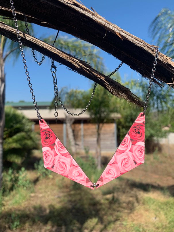 Rose pendant necklace with layered petals, laser-cut and made in USA