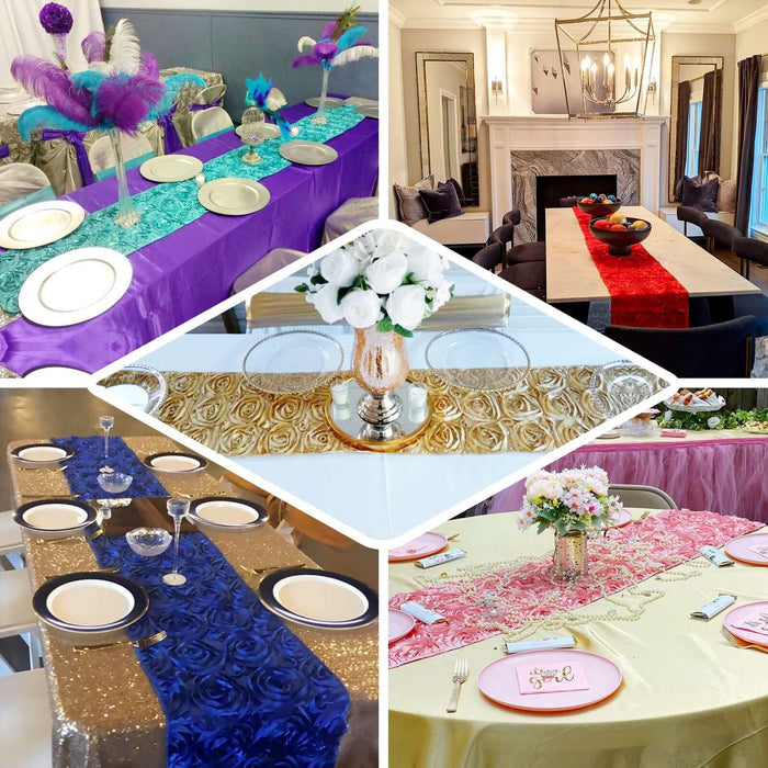 Variety of decorated tables with elegant table runners and centerpieces for events.