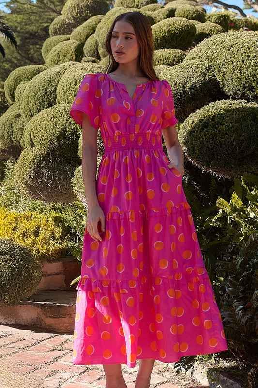 Rosy Polka Dot Palmer Poplin Tiered Maxi Dress