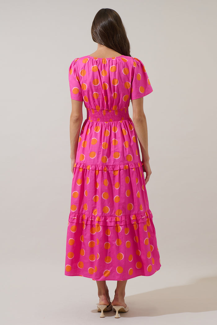 Rosy Polka Dot Palmer Poplin Tiered Maxi Dress