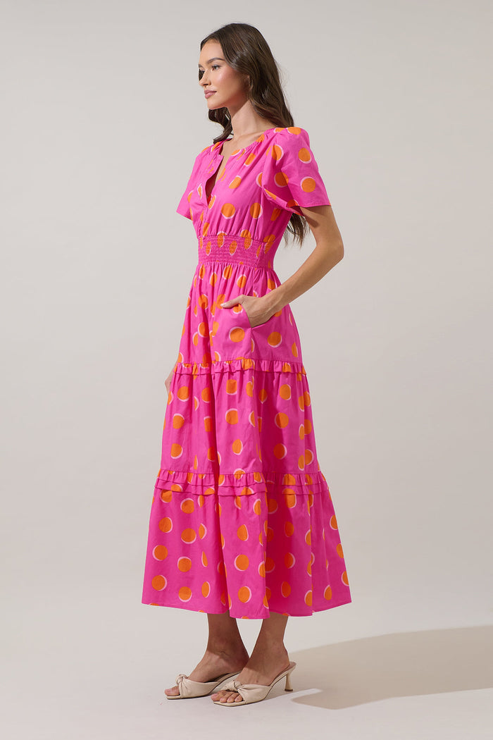Rosy Polka Dot Palmer Poplin Tiered Maxi Dress