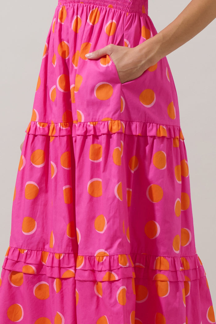 Rosy Polka Dot Palmer Poplin Tiered Maxi Dress
