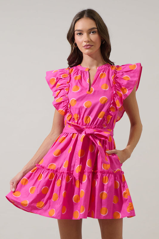 Rosy Polka Dot Ruffle Mini Dress