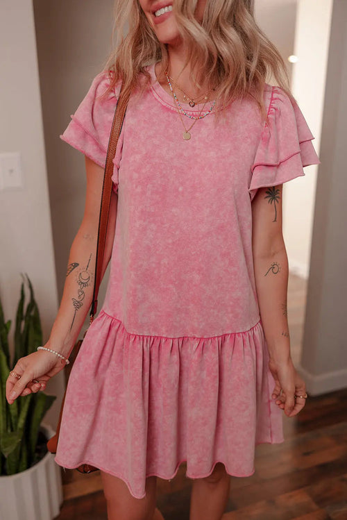 Sachet Pink Mineral Wash Raw Edge Ruffle Mini Dress - S / 85% Cotton + 15% Polyester - Dresses/Mini Dresses
