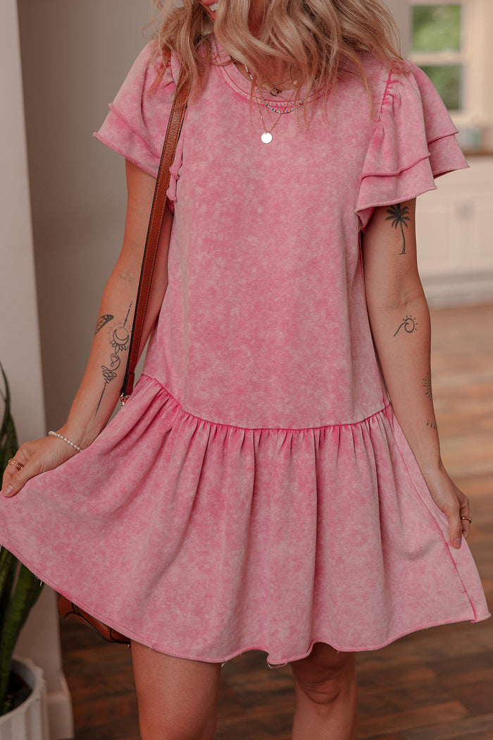 Sachet Pink Mineral Wash Raw Edge Ruffle Mini Dress - Dresses/Mini Dresses