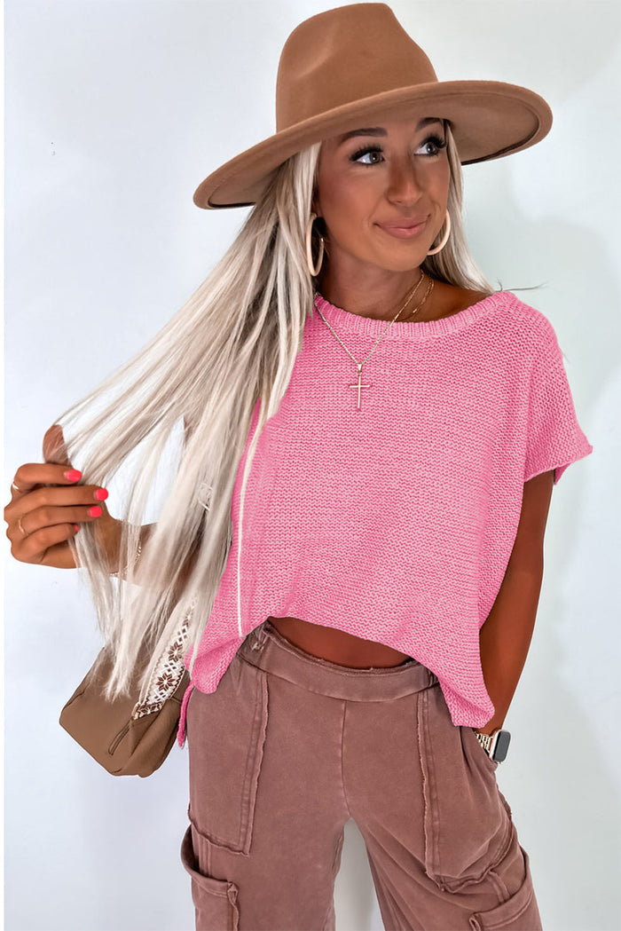 Sachet Pink Solid Colour Sweater Tee with Side Slits - Sweaters & Cardigans/Short Sleeve