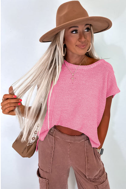 Sachet Pink Solid Colour Sweater Tee with Side Slits - Sweaters & Cardigans/Short Sleeve