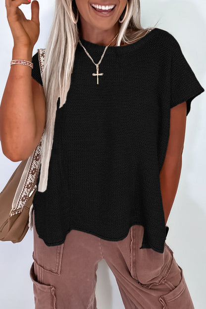 Sachet Pink Solid Colour Sweater Tee with Side Slits - Black / S / 100% Acrylic - Sweaters & Cardigans/Short Sleeve