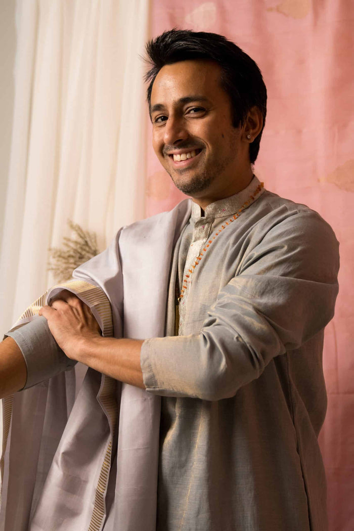 Sah A - Grey Silk Dhoti Set
