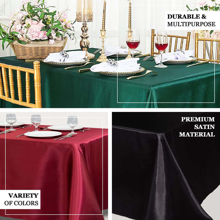 Premium satin tablecloths in various colors for durable and multipurpose use.