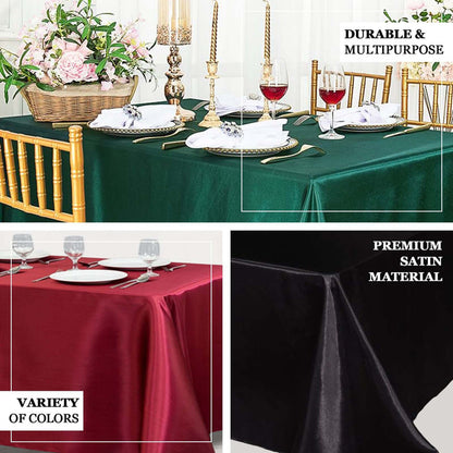 Premium satin tablecloths in various colors for durable and multipurpose use.