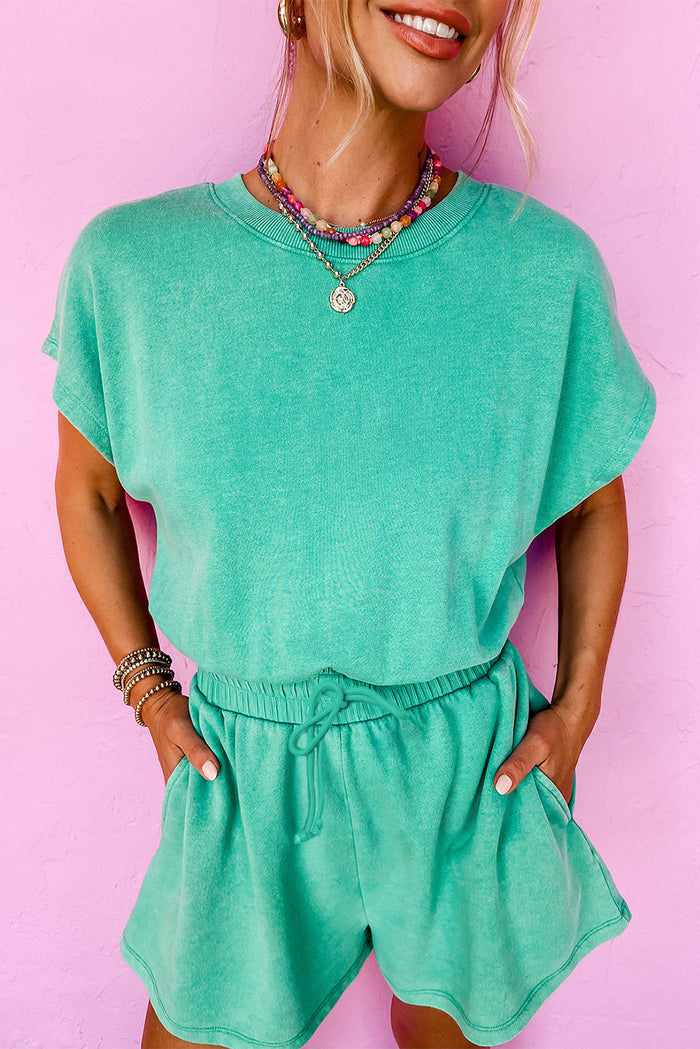 Sea Green Mineral Wash Drawstring Waist Hollow Out Back Short Sleeve Romper - S / 75% Polyester + 25% Cotton