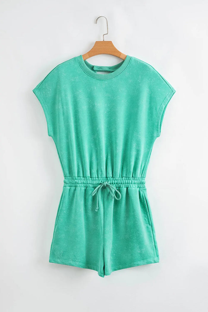 Sea Green Mineral Wash Drawstring Waist Hollow Out Back Short Sleeve Romper - Bottoms/Jumpsuits & Rompers