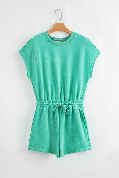 Sea Green Mineral Wash Drawstring Waist Hollow Out Back Short Sleeve Romper - Bottoms/Jumpsuits & Rompers