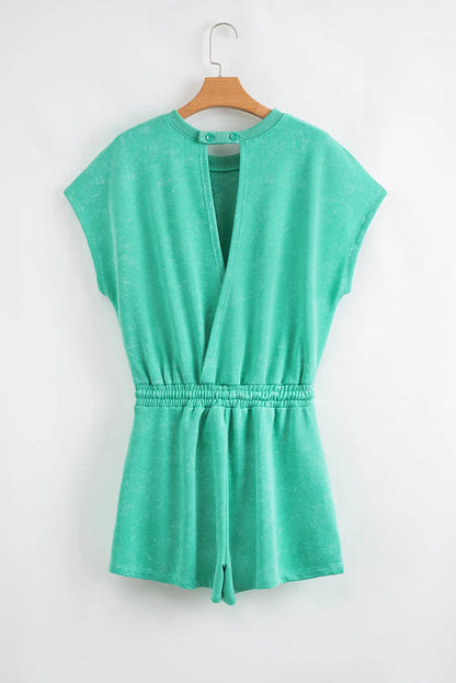 Sea Green Mineral Wash Drawstring Waist Hollow Out Back Short Sleeve Romper - Bottoms/Jumpsuits & Rompers