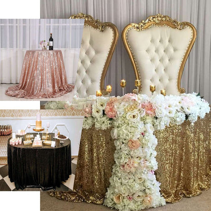 Elegant decorated tables with floral arrangements and champagne for a wedding setup.