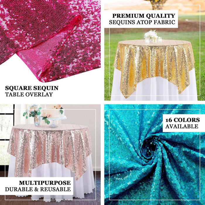 Sequin table overlays in pink, gold, and blue on white tablecloth.