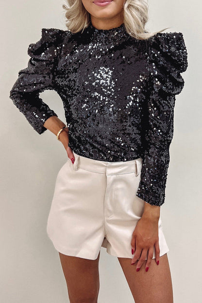 Sequin Mock Neck Bubble Sleeve Top - Occasionwear/party tops