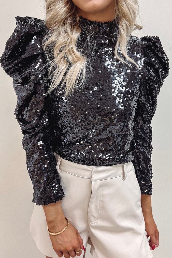 Sequin Mock Neck Bubble Sleeve Top - Occasionwear/party tops