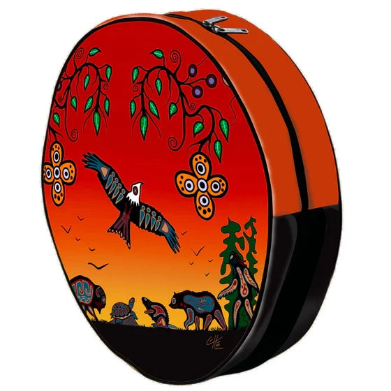 Round bag with colorful artwork of animals and nature on a white background