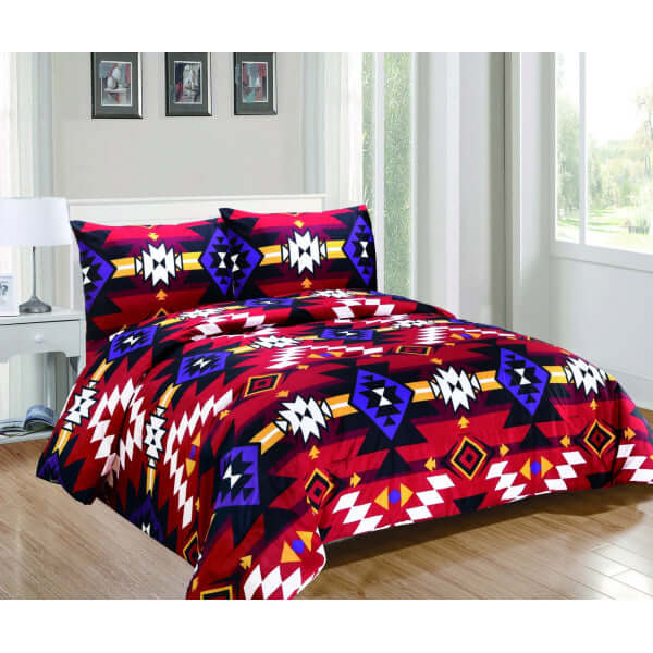 Sherpa Comforter (King/Queen Set) featuring vibrant colors and a stylish pattern in a cozy bedroom setting.
