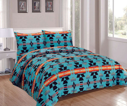 Sherpa Comforter (King/Queen Set) with vibrant geometric patterns and matching pillow shams in a bright bedroom setting.