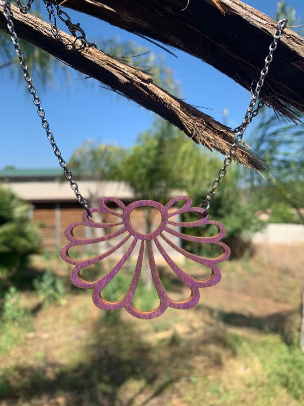 Short flower pendant necklace with petal detail, laser-cut and made in USA