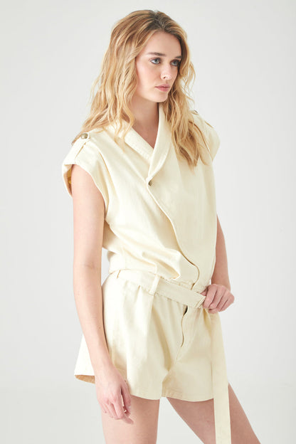 Short relaxed fit jumpsuit with crossover wrap neckline in light beige cotton for women