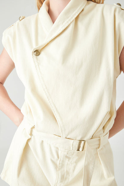 Short relaxed fit jumpsuit with crossover wrap neckline in light beige cotton for women