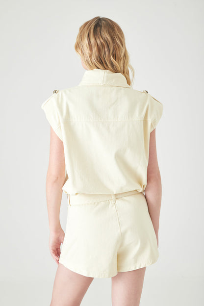 Short relaxed fit jumpsuit with crossover wrap neckline in light beige cotton for women