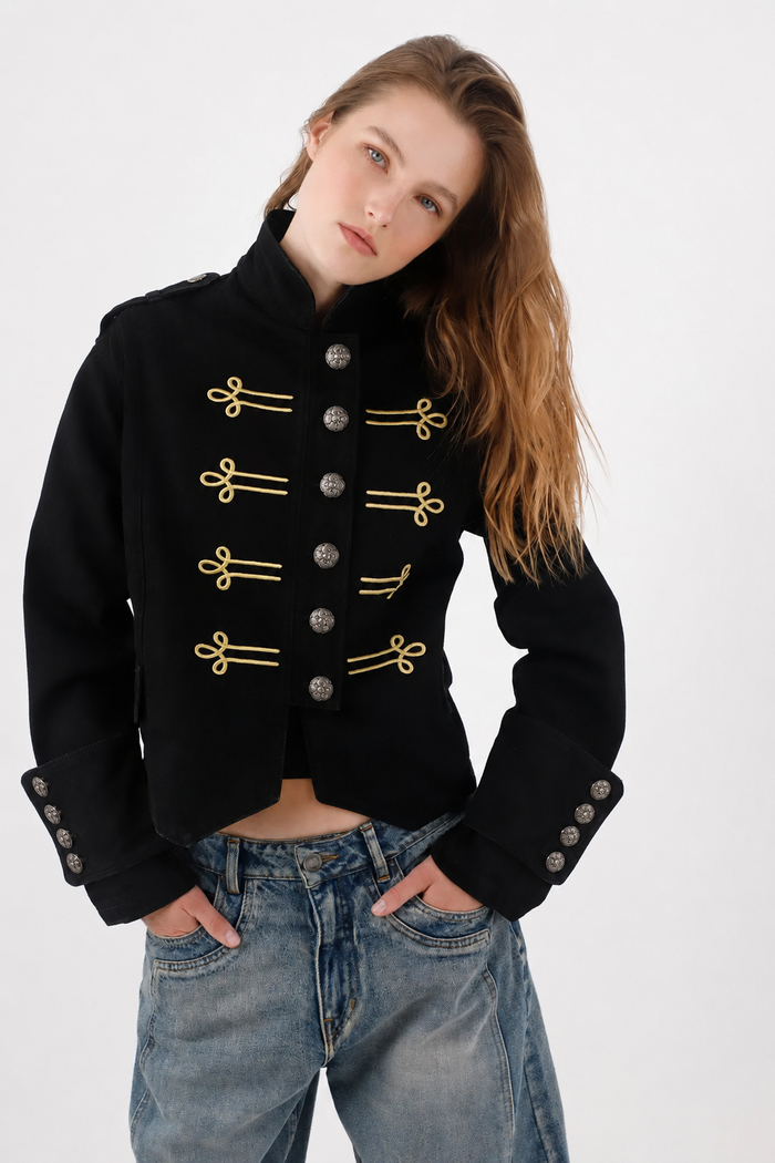 Short Straight Cut Jacket with Gold Drawstrings in Black Cotton for Women
