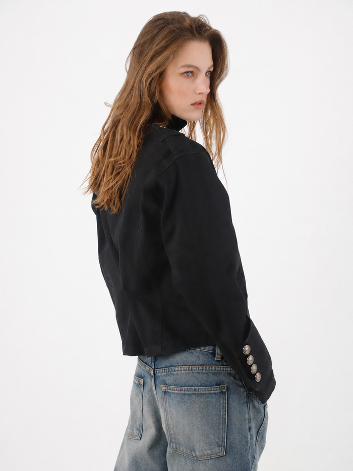 Short Straight Cut Jacket with Gold Drawstrings in Black Cotton for Women