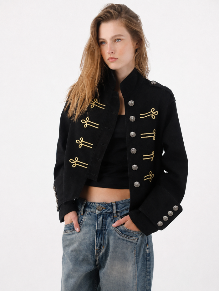 Short Straight Cut Jacket with Gold Drawstrings in Black Cotton for Women