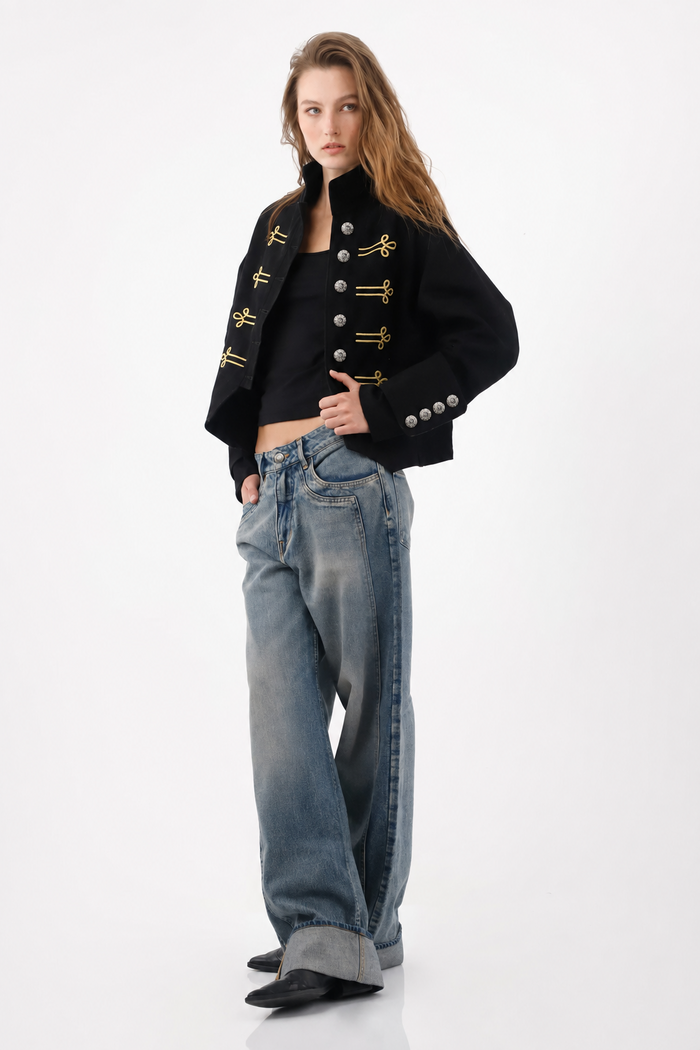 Short Straight Cut Jacket with Gold Drawstrings in Black Cotton for Women