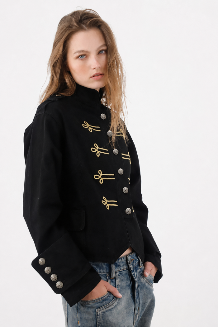 Short Straight Cut Jacket with Gold Drawstrings in Black Cotton for Women