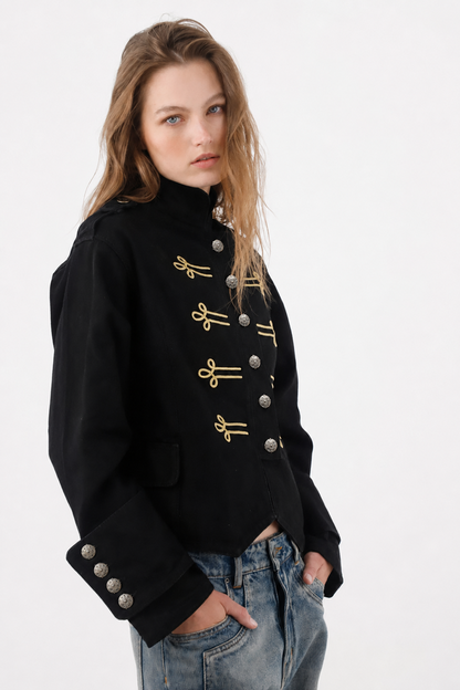 Short Straight Cut Jacket with Gold Drawstrings in Black Cotton for Women