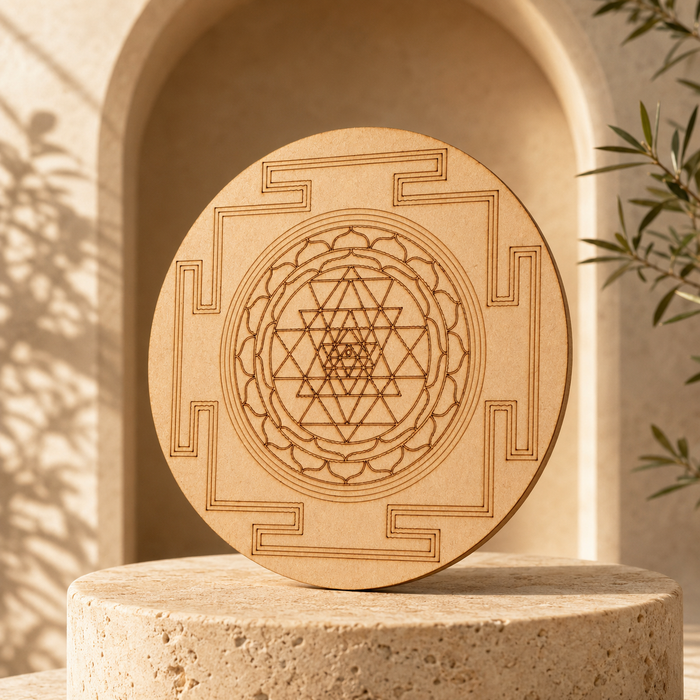Shri Yantra Crystal Grid Board, 6" Wooden Crystal Grid Plate